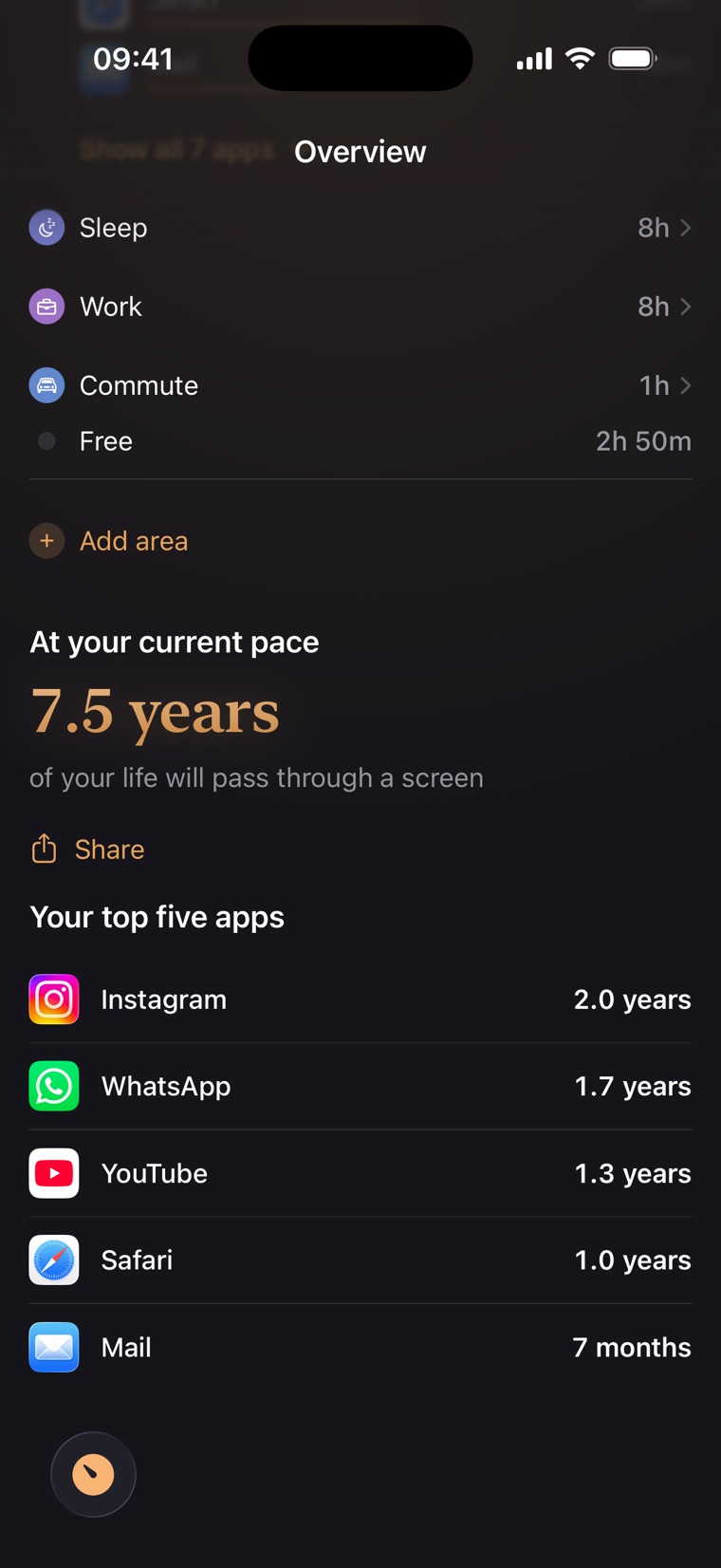 The finit projection: at the current pace, 7.5 years of life will pass through a screen, with the years each top app takes. Instagram alone accounts for two.